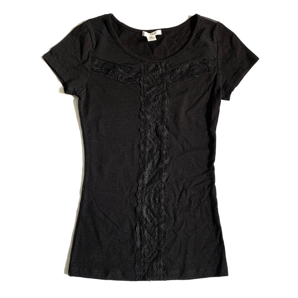 NWOT Black Sheer Lace Mesh Cutout Fitted Tee Shirt - Picture 1 of 9